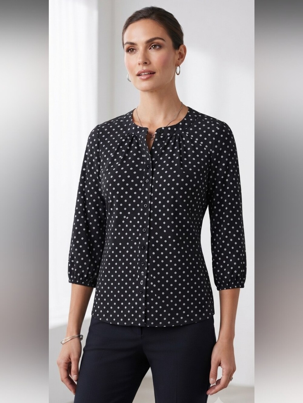 Sarah Michelle Women's Black/White Polka Dot 3/4 Button Top Size 1X